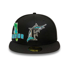 Load image into Gallery viewer, Florida Marlins New Era MLB 59FIFTY 5950 Fitted Cap Hat Black Crown/Visor Team Color Logo Gray UV (State View)