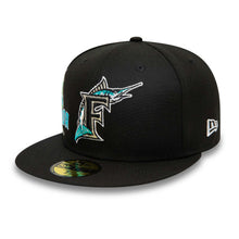 Load image into Gallery viewer, Florida Marlins New Era MLB 59FIFTY 5950 Fitted Cap Hat Black Crown/Visor Team Color Logo Gray UV (State View)