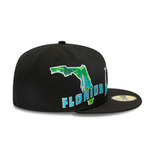Load image into Gallery viewer, Florida Marlins New Era MLB 59FIFTY 5950 Fitted Cap Hat Black Crown/Visor Team Color Logo Gray UV (State View)