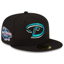 Load image into Gallery viewer, Arizona Diamondbacks New Era MLB 59FIFTY 5950 Fitted Cap Hat Black Crown/Visor Teal Logo 2001 World Series Side Patch (Polar Lights)