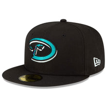 Load image into Gallery viewer, Arizona Diamondbacks New Era MLB 59FIFTY 5950 Fitted Cap Hat Black Crown/Visor Teal Logo 2001 World Series Side Patch (Polar Lights)