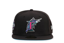 Load image into Gallery viewer, Miami Marlins New Era MLB 59FIFTY 5950 Fitted Cap Hat Black Crown/Visor Pink/Purple Cooperstown Logo 1997 World Series side Patch (Polar Lights)