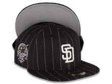 Load image into Gallery viewer, San Diego Padres New Era MLB 59FIFTY 5950 Fitted Cap Hat Black Crown/Visor Pinstripe White Logo 40th Anniversary Side Patch Gray UV