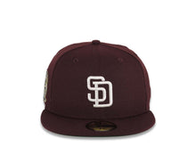 Load image into Gallery viewer, San Diego Padres New Era MLB 59FIFTY 5950 Fitted Cap Hat Maroon Crown/Visor White Logo 25th Anniversary Side Patch Green UV