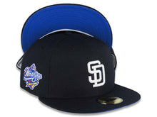 Load image into Gallery viewer, San Diego Padres New Era MLB 59FIFTY 5950 Fitted Cap Hat Navy Blue Crown/Visor White Logo 1998 World Series Side Patch Blue Azure UV