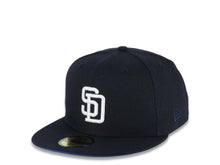 Load image into Gallery viewer, San Diego Padres New Era MLB 59FIFTY 5950 Fitted Cap Hat Navy Blue Crown/Visor White Logo 1998 World Series Side Patch Blue Azure UV