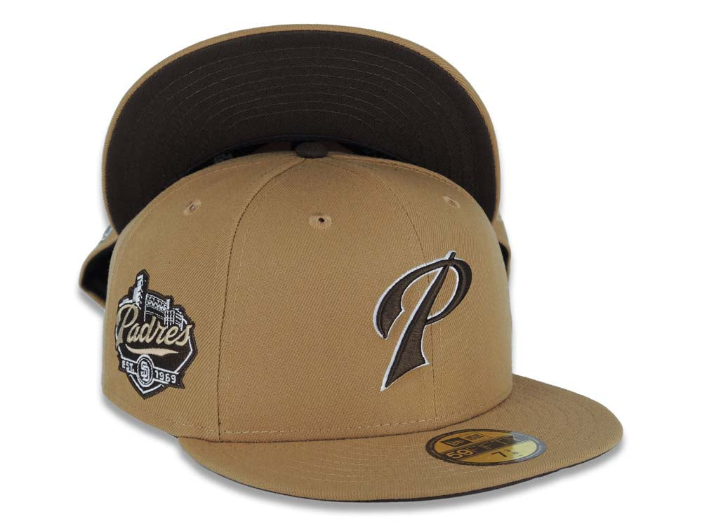 San Diego Padres New Era MLB 59FIFTY 5950 Fitted Cap Hat Wheat Crown/Visor Brown/White P Logo Established 1969 Side Patch Brown UV 7