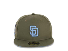Load image into Gallery viewer, San Diego Padres New Era MLB 59FIFTY 5950 Fitted Cap Hat Olive Green Crown/Visor Sky Blue Logo Go Padres Side Patch Sky Blue UV