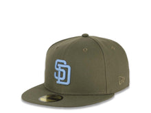 Load image into Gallery viewer, San Diego Padres New Era MLB 59FIFTY 5950 Fitted Cap Hat Olive Green Crown/Visor Sky Blue Logo Go Padres Side Patch Sky Blue UV