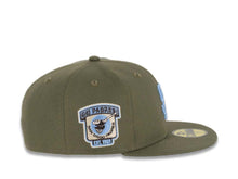 Load image into Gallery viewer, San Diego Padres New Era MLB 59FIFTY 5950 Fitted Cap Hat Olive Green Crown/Visor Sky Blue Logo Go Padres Side Patch Sky Blue UV