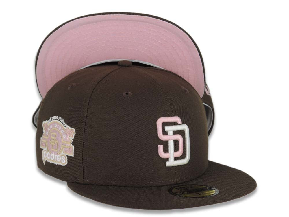 San Diego Padres New Era MLB 59FIFTY 5950 Fitted Cap Hat Cream Crown Light Brown Visor Brown/Pink Catching Friar Logo 40th Anniversary Side Patch 7 7/