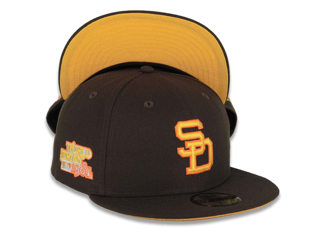 San Diego Padres New Era MLB 59FIFTY 5950 Fitted Cap Hat Brown Crown/Visor  Yellow/Orange Cooperstown Logo 1984 World Series Side Patch Green UV