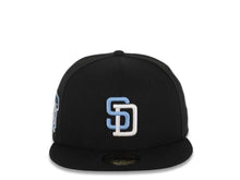 Load image into Gallery viewer, San Diego Padres New Era MLB 59FIFTY 5950 Fitted Cap Hat Black Crown/Visor Sky Blue/White Logo Go Padres Established 1969 Side Patch Sky Blue UV