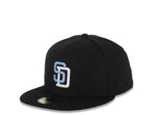 Load image into Gallery viewer, San Diego Padres New Era MLB 59FIFTY 5950 Fitted Cap Hat Black Crown/Visor Sky Blue/White Logo Go Padres Established 1969 Side Patch Sky Blue UV