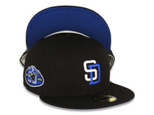 Load image into Gallery viewer, San Diego Padres New Era MLB 59FIFTY 5950 Fitted Cap Hat Black Crown/Visor White/Royal Blue Logo 50th Anniversary Side Patch Royal Blue UV