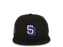 Load image into Gallery viewer, San Diego Padres New Era MLB 59FIFTY 5950 Fitted Cap Hat Black Crown/Visor White/Royal Blue Logo 50th Anniversary Side Patch Royal Blue UV