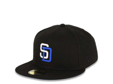Load image into Gallery viewer, San Diego Padres New Era MLB 59FIFTY 5950 Fitted Cap Hat Black Crown/Visor White/Royal Blue Logo 50th Anniversary Side Patch Royal Blue UV