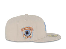 Load image into Gallery viewer, San Diego Padres New Era MLB 59FIFTY 5950 Fitted Cap Hat Stone Crown/Visor Sky Blue Logo 1969 Go Padres Established Side Patch Sky Blue Visor