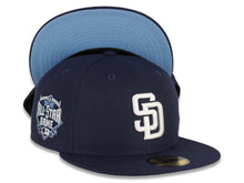 Load image into Gallery viewer, San Diego Padres New Era MLB 59FIFTY 5950 Fitted Cap Hat Light Navy Crown/Visor White Logo 2016 All-Star Game Side Patch Sky Blue UV