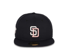 Load image into Gallery viewer, San Diego Padres New Era MLB 59FIFTY 5950 Fitted Cap Hat Dark Navy Crown/Visor White/Pink Logo 1998 World Series Side Patch Pink UV