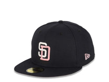 Load image into Gallery viewer, San Diego Padres New Era MLB 59FIFTY 5950 Fitted Cap Hat Dark Navy Crown/Visor White/Pink Logo 1998 World Series Side Patch Pink UV