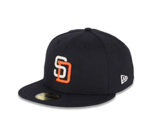 Load image into Gallery viewer, San Diego Padres New Era MLB 59FIFTY 5950 Fitted Cap Hat Navy Blue Crown/Visor White/Orange Logo Established 1969 Side Patch Gray UV