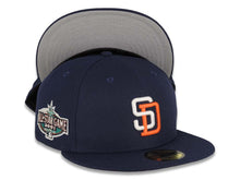 Load image into Gallery viewer, San Diego Padres New Era MLB 59FIFTY 5950 Fitted Cap Hat Light Navy Crown/Visor White/Orange Logo 2001 All-Star Game Side Patch Gray UV