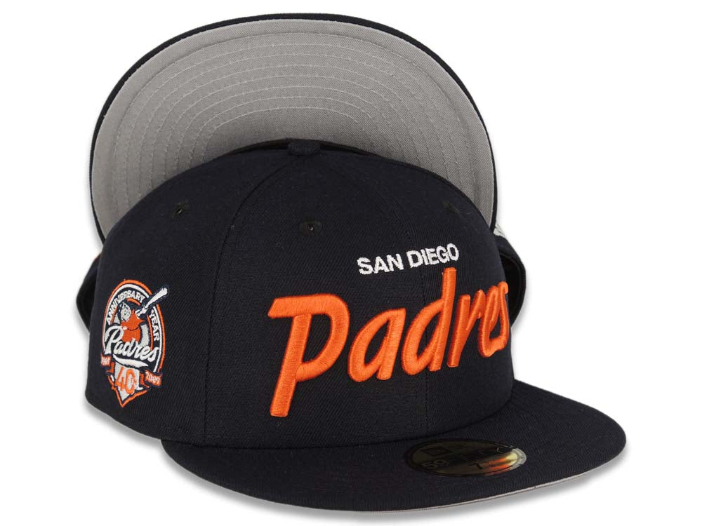 San Diego Padres New Era MLB 59FIFTY 5950 Fitted Cap Hat Navy Crown/Visor White/Orange Script Logo 40th Anniversary Side Patch Gray UV 7 1/8