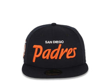 Load image into Gallery viewer, San Diego Padres New Era MLB 59FIFTY 5950 Fitted Cap Hat Navy Blue Crown/Visor White/Orange Script Logo 40th Anniversary Side Patch Gray UV
