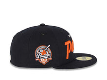 Load image into Gallery viewer, San Diego Padres New Era MLB 59FIFTY 5950 Fitted Cap Hat Navy Blue Crown/Visor White/Orange Script Logo 40th Anniversary Side Patch Gray UV
