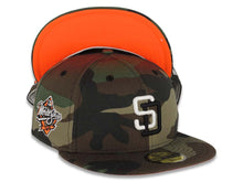 Load image into Gallery viewer, San Diego Padres New Era MLB 59FIFTY 5950 Fitted Cap Hat Camo Crown/Visor White/Black Logo 1998 World Series Side Patch Neon Orange UV