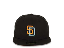 Load image into Gallery viewer, San Diego Padres New Era MLB 59FIFTY 5950 Fitted Cap Hat Black Crown/Visor Light Orange/Sky Blue Logo 1998 World Series Side Patch Light Orange UV