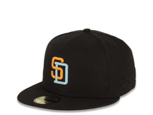 Load image into Gallery viewer, San Diego Padres New Era MLB 59FIFTY 5950 Fitted Cap Hat Black Crown/Visor Light Orange/Sky Blue Logo 1998 World Series Side Patch Light Orange UV