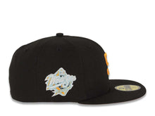 Load image into Gallery viewer, San Diego Padres New Era MLB 59FIFTY 5950 Fitted Cap Hat Black Crown/Visor Light Orange/Sky Blue Logo 1998 World Series Side Patch Light Orange UV