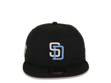 Load image into Gallery viewer, San Diego Padres New Era MLB 59FIFTY 5950 Fitted Cap Hat Black Crown/Visor White/Sky Blue Logo 1998 World Series Side Patch Red UV