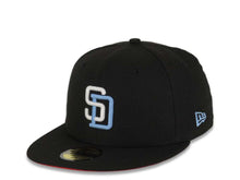 Load image into Gallery viewer, San Diego Padres New Era MLB 59FIFTY 5950 Fitted Cap Hat Black Crown/Visor White/Sky Blue Logo 1998 World Series Side Patch Red UV