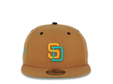 Load image into Gallery viewer, San Diego Padres New Era MLB 59FIFTY 5950 Fitted Cap Hat Light Brown Crown/Visor Yellow/Teal Logo 1998 World Series Side Patch Teal UV