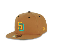 Load image into Gallery viewer, San Diego Padres New Era MLB 59FIFTY 5950 Fitted Cap Hat Light Brown Crown/Visor Yellow/Teal Logo 1998 World Series Side Patch Teal UV