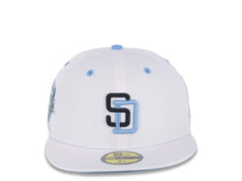 Load image into Gallery viewer, San Diego Padres New Era MLB 59FIFTY 5950 Fitted Cap Hat White Crown/Visor Black/Sky Blue Logo 1992 All-Star Game Side Patch Sky Blue UV