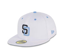 Load image into Gallery viewer, San Diego Padres New Era MLB 59FIFTY 5950 Fitted Cap Hat White Crown/Visor Black/Sky Blue Logo 1992 All-Star Game Side Patch Sky Blue UV