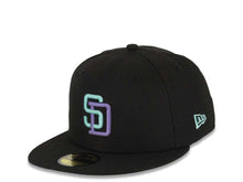 Load image into Gallery viewer, San Diego Padres New Era MLB 59FIFTY 5950 Fitted Cap Hat Black Crown/Visor Light Teal/Light Purple Logo 1992 All-Star Game Side Patch Light Teal UV