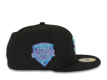 Load image into Gallery viewer, San Diego Padres New Era MLB 59FIFTY 5950 Fitted Cap Hat Black Crown/Visor Light Teal/Light Purple Logo 1992 All-Star Game Side Patch Light Teal UV