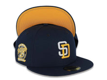 Load image into Gallery viewer, San Diego Padres New Era MLB 59FIFTY 5950 Fitted Cap Hat Navy Blue Crown/Visor White/Yellow Logo 25th Anniversary Side Patch Yellow UV