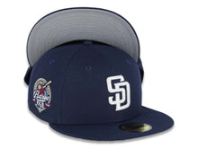Load image into Gallery viewer, San Diego Padres New Era MLB 59FIFTY 5950 Fitted Cap Hat Light Navy Blue Crown/Visor White Logo 40th Anniversary Side Patch Gray UV
