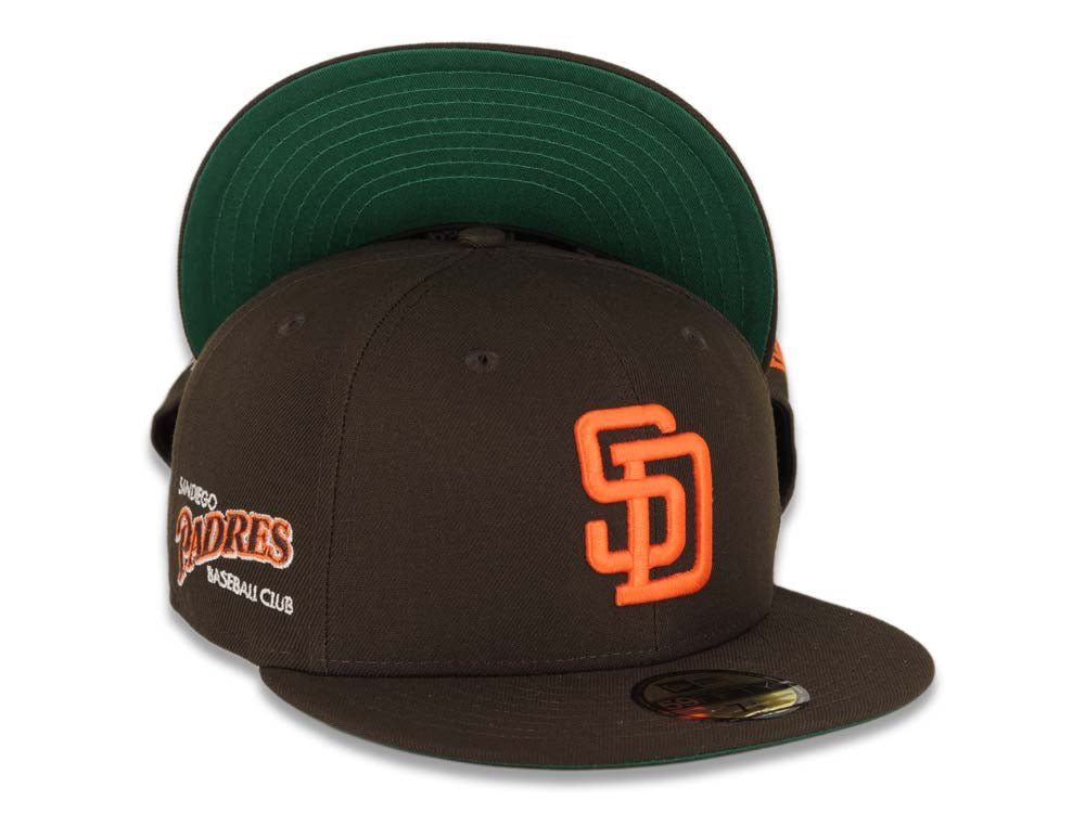 San Diego Padres New Era MLB 59FIFTY 5950 Fitted Cap Hat Brown Crown/Visor Orange Logo 1985 Padres Script Side Patch Green UV 7 1/4