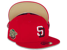 Load image into Gallery viewer, San Diego Padres New Era MLB 59FIFTY 5950 Fitted Cap Hat Red Crown/Visor White/Black Logo 1998 World Series Side Patch Yellow Green
