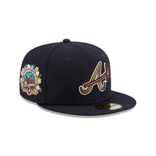 Load image into Gallery viewer, Atlanta Braves New Era MLB 59FIFTY 5950 Fitted Cap Hat Navy Blue Crown/Visor Olive Green/Maroon Logo 40th Anniversary Side Patch (Botanical)