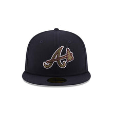Load image into Gallery viewer, Atlanta Braves New Era MLB 59FIFTY 5950 Fitted Cap Hat Navy Blue Crown/Visor Olive Green/Maroon Logo 40th Anniversary Side Patch (Botanical)