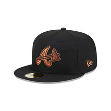 Load image into Gallery viewer, Atlanta Braves New Era MLB 59FIFTY 5950 Fitted Cap Hat Black Crown/Visor Metallic Brown/Orange Logo Orange UV (Metallic Pop)
