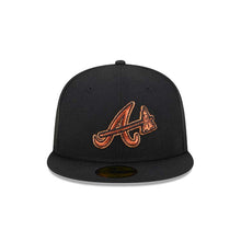 Load image into Gallery viewer, Atlanta Braves New Era MLB 59FIFTY 5950 Fitted Cap Hat Black Crown/Visor Metallic Brown/Orange Logo Orange UV (Metallic Pop)